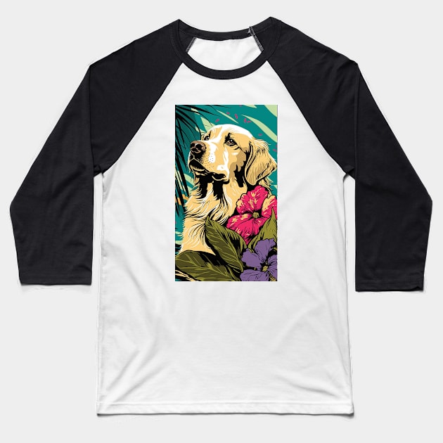 Golden Retriever Dog Vibrant Tropical Flower Tall Retro Vintage Digital Pop Art Portrait 3 Baseball T-Shirt by ArtHouseFlunky